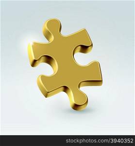 Golden jigsaw puzzle piece hanging alone over light background - business concept illustration.