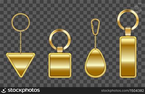 Golden keychain, holder trinket for key with metal chain and ring. Vector realistic template of gold fobs different shapes isolated on transparent background. Blank accessory for corporate identity. Vector golden keychain, holder for key with chain