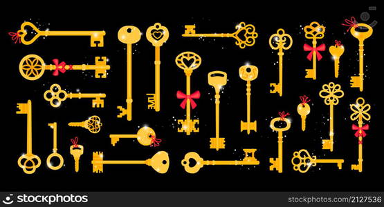 Golden keys. Cartoon medieval elements with ornate for locking door, vector illustration of vintage elements for home access on black background. Golden keys on black background