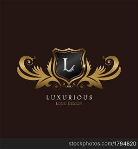 Golden L Logo Luxurious Shield, creative vector design for luxury brand identity.