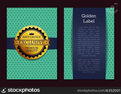 Golden label reward guarantee cover design exclusive high quality best choice stamp award vector illustration emblem isolated on blue with dots. Gold Label Reward Guarantee Cover Design Exclusive