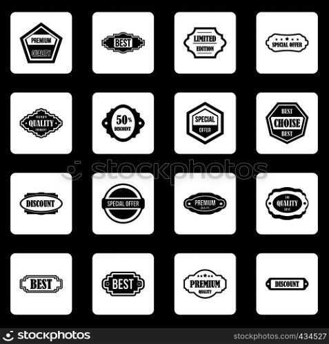 Golden labels icons set in white squares on black background simple style vector illustration. Golden labels icons set squares vector