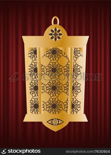Golden lantern, Ramadan Kareem, festival greeting card decorated by light with pattern, traditional arab illuminated, jewell element, holiday vector. Red curtain theater background. Arabic Lantern with Pattern, Ramadan Kareem Vector