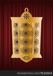 Golden lantern, Ramadan Kareem, festival greeting card decorated by light with pattern, traditional arab illuminated, jewell element, holiday vector. Red curtain theater background. Arabic Lantern with Pattern, Ramadan Kareem Vector