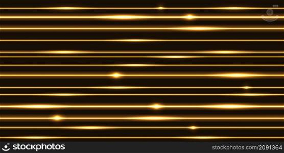 Golden laser beams, abstract glowing light streaks with thunder bolt discharge. electric impulse energy lines, yellow luminous rays. Vector illustration