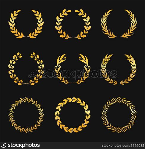 Golden laurel wreath. Wheat and olive foliate branch for victory. Movie festival award. Honor achievement for ch&ion. Antique emblem for glory. Noble logo with foliage vector set. Golden laurel wreath. Wheat and olive foliate branch for victory. Movie festival award. Honor achievement