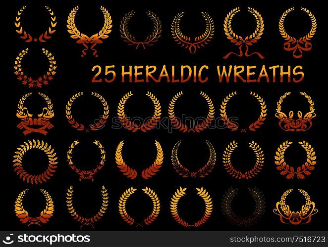Golden laurel wreaths heraldic elements for victory theme or heraldry design usage with frames, composed of wheat ears and branches of laurel, maple and oak trees, decorated by ribbons. Heraldic golden laurel wreaths icons