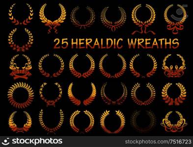 Golden laurel wreaths heraldic elements for victory theme or heraldry design usage with frames, composed of wheat ears and branches of laurel, maple and oak trees, decorated by ribbons. Heraldic golden laurel wreaths icons
