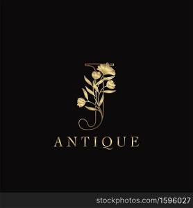 Golden Letter J Luxury Flowers Initial Logo Template Design. Monogram antique ornate nature floral leaf with initial letter.