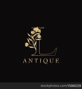 Golden Letter L Luxury Flowers Initial Logo Template Design. Monogram antique ornate nature floral leaf with initial letter.