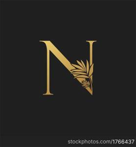 Golden Letter N Classic Vintage Logo Icon. Vintage design concept classic vector nature leaves with letter logo icon gold color.