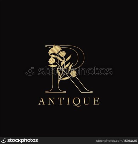 Golden Letter R Luxury Flowers Initial Logo Template Design. Monogram antique ornate nature floral leaf with initial letter.