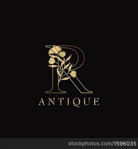 Golden Letter R Luxury Flowers Initial Logo Template Design. Monogram antique ornate nature floral leaf with initial letter.