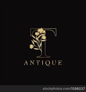 Golden Letter T Luxury Flowers Initial Logo Template Design. Monogram antique ornate nature floral leaf with initial letter.