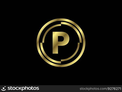 Golden letter with golden circle frames. English alphabet, vector illustration