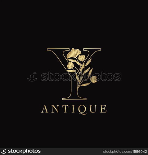 Golden Letter Y Luxury Flowers Initial Logo Template Design. Monogram antique ornate nature floral leaf with initial letter.