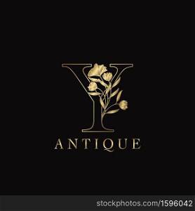 Golden Letter Y Luxury Flowers Initial Logo Template Design. Monogram antique ornate nature floral leaf with initial letter.