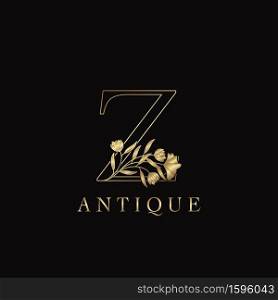 Golden Letter Z Luxury Flowers Initial Logo Template Design. Monogram antique ornate nature floral leaf with initial letter.