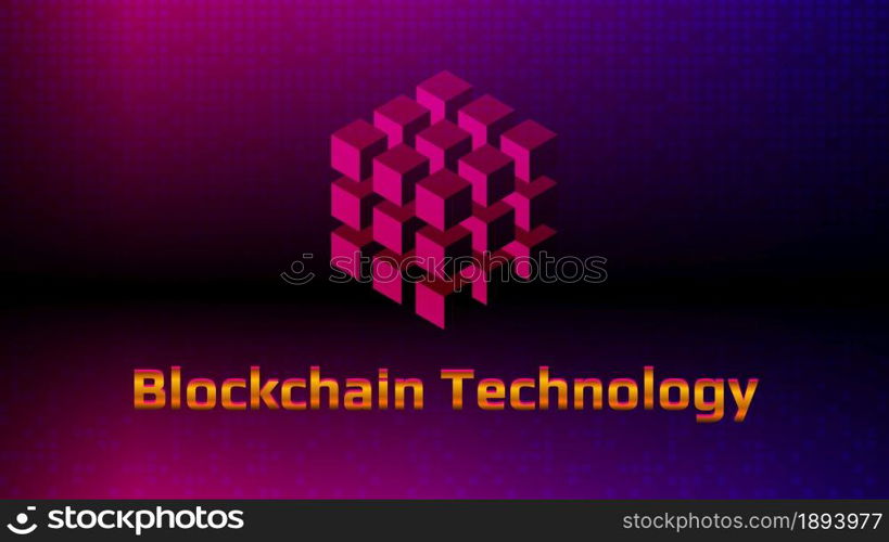 Golden lettering Blockchain technology with digital cube on beautiful purple background. Futuristic template for digital technologies. Design element. Layout for banner or website. EPS10 vector.