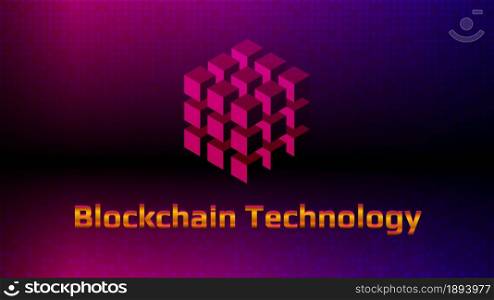 Golden lettering Blockchain technology with digital cube on beautiful purple background. Futuristic template for digital technologies. Design element. Layout for banner or website. EPS10 vector.
