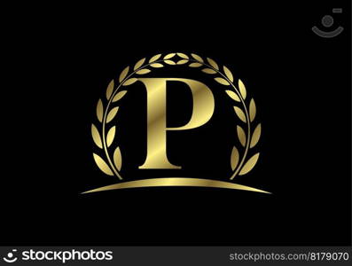 Golden letters P  with a golden laurel wreath. English alphabet, vector illustration