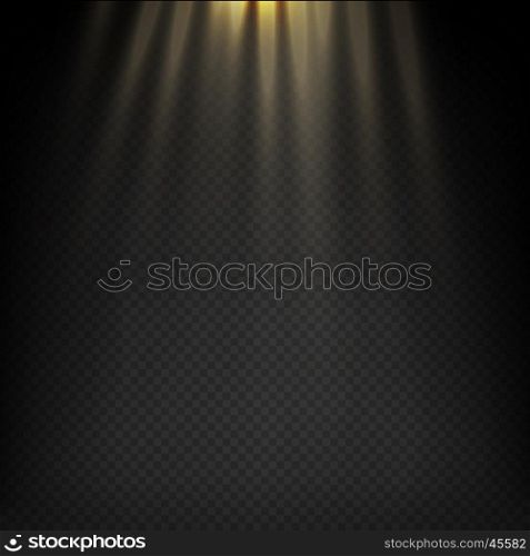 Golden light effect. Star burst light. Vector illustration on transparent.