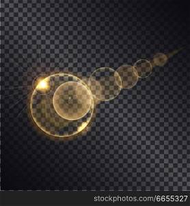 Golden light effects of circles growing round spheres isolated on black transparent background. Glowing sparkling elements, vector illustration of gold balls on transparency magically illuminated. Golden Lght Effect of Circle Growing Round Spheres