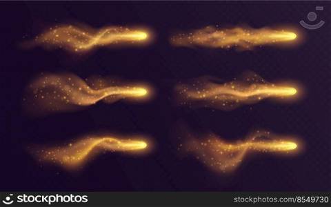 Golden light trail, magic stardust with haze and sparkles, realistic fireball. Fantasy game vfx effect, spell blast in motion isolated on dark background. Vector illustration.. Golden light trail, magic stardust with haze and sparkles, realistic fireball.