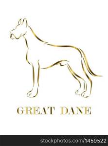 Golden line drawing on white background of Great Dane dog. It is standing