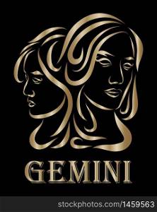 Golden line vector logo of twin women. It is sign of gemini zodiac.
