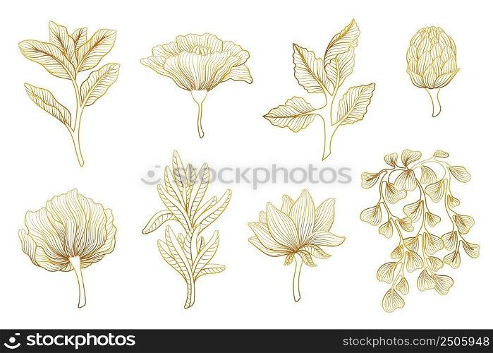 Golden lines flowers. Gold botanical japanese flower, asian branches. Floral luxury elements, uniqueness nature art lotus and leaves. Beautiful swanky vector set. Illustration of floral gold flowers. Golden lines flowers. Gold botanical japanese flower, asian branches. Floral luxury elements, uniqueness nature art lotus and leaves. Beautiful swanky vector set