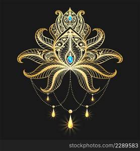 Golden Lotus Flower Mandala with Gems on Black Background. Vector illustration.