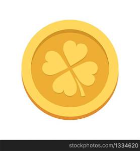 Golden lucky coin with clover leaves. St.Patrick &rsquo;s Day. Vector illustration. EPS 10