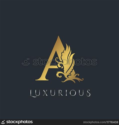 Golden Luxurious Initial Letter A Logo, Vector design ornate swirl nature floral concept for luxury brand identity.