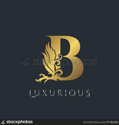 Golden Luxurious Initial Letter B Logo, Vector design ornate swirl nature floral concept for luxury brand identity.