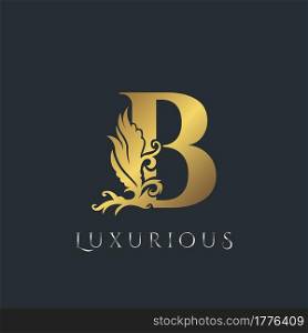 Golden Luxurious Initial Letter B Logo, Vector design ornate swirl nature floral concept for luxury brand identity.