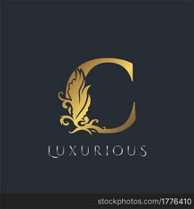 Golden Luxurious Initial Letter C Logo, Vector design ornate swirl nature floral concept for luxury brand identity.