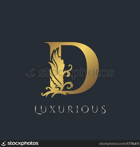 Golden Luxurious Initial Letter D Logo, Vector design ornate swirl nature floral concept for luxury brand identity.