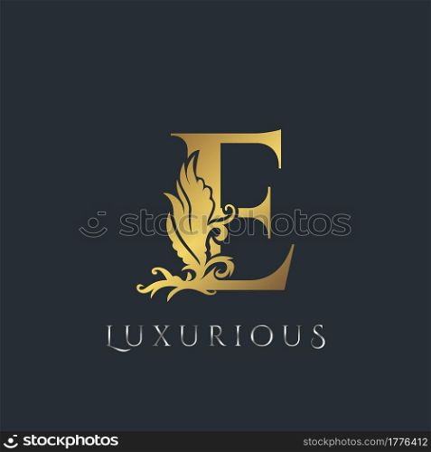 Golden Luxurious Initial Letter E Logo, Vector design ornate swirl nature floral concept for luxury brand identity.
