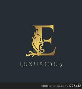 Golden Luxurious Initial Letter E Logo, Vector design ornate swirl nature floral concept for luxury brand identity.