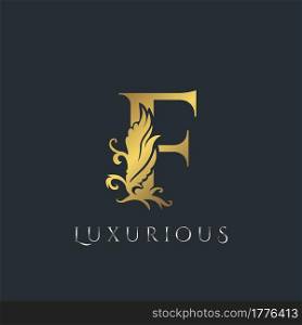 Golden Luxurious Initial Letter F Logo, Vector design ornate swirl nature floral concept for luxury brand identity.