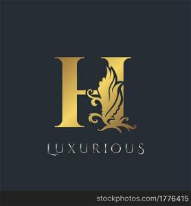Golden Luxurious Initial Letter H Logo, Vector design ornate swirl nature floral concept for luxury brand identity.