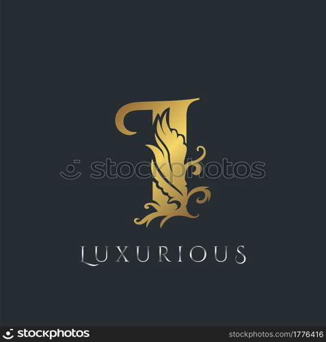 Golden Luxurious Initial Letter I Logo, Vector design ornate swirl nature floral concept for luxury brand identity.