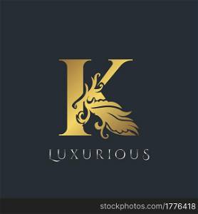 Golden Luxurious Initial Letter K Logo, Vector design ornate swirl nature floral concept for luxury brand identity.