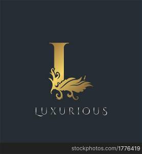 Golden Luxurious Initial Letter L Logo, Vector design ornate swirl nature floral concept for luxury brand identity.