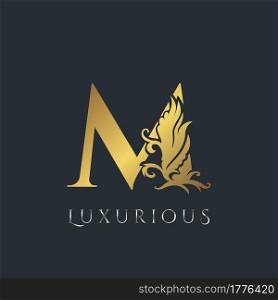 Golden Luxurious Initial Letter M Logo, Vector design ornate swirl nature floral concept for luxury brand identity.