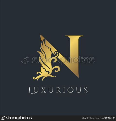 Golden Luxurious Initial Letter N Logo, Vector design ornate swirl nature floral concept for luxury brand identity.