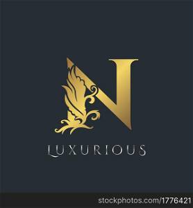 Golden Luxurious Initial Letter N Logo, Vector design ornate swirl nature floral concept for luxury brand identity.
