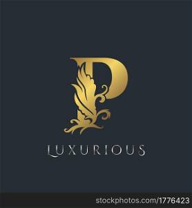Golden Luxurious Initial Letter P Logo, Vector design ornate swirl nature floral concept for luxury brand identity.