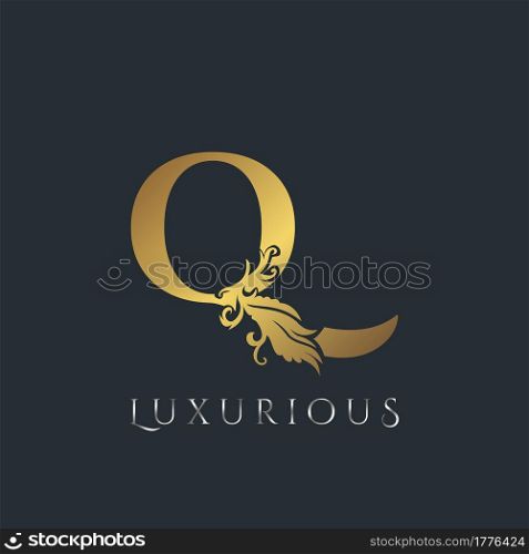Golden Luxurious Initial Letter Q Logo, Vector design ornate swirl nature floral concept for luxury brand identity.